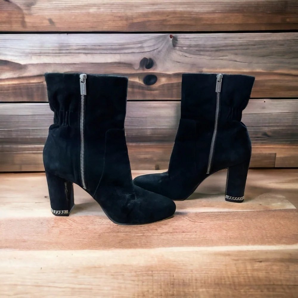 Michael Kors Dolores Black Suede Chain Block Heel Boots Size 10